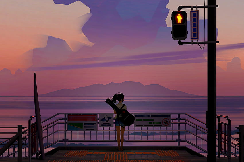 2560x1700 Anime Girl With Guitar Watching The Sunset Chromebook Pixel, Sfondi e, computer anime sunset Sfondo HD