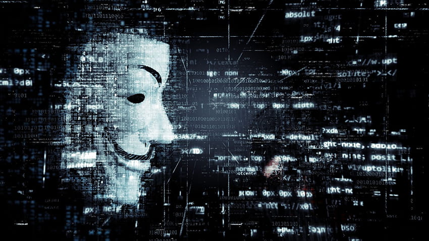 Máscara de hacker anónimo en s de código numérico, piratería anónima fondo de pantalla