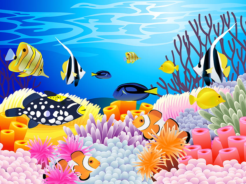  Arte vector submarino océano mar color arrecife de coral tropical, dibujos animados de mar fondo de pantalla