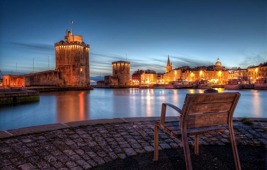the city, lights, coast, France, the evening, pavers, chair, Bay, France, The Old Port, La Rochelle, La Rochelle , section город HD wallpaper