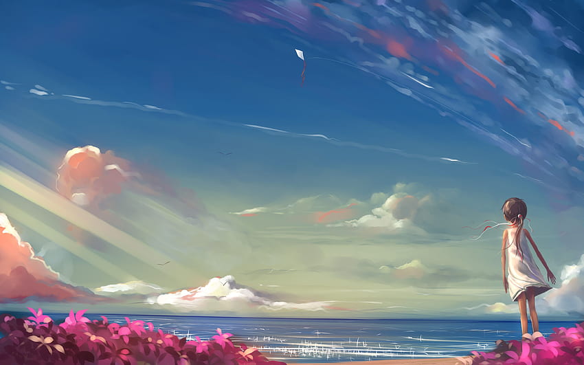: sunlight, landscape, sea, anime, water, nature, sky, calm, wind, horizon, summer, vacation, cloud, ocean, wave, fun, daytime, 4000x2500 px, computer , atmosphere of earth, phenomenon 4000x2500, sky summer anime HD wallpaper
