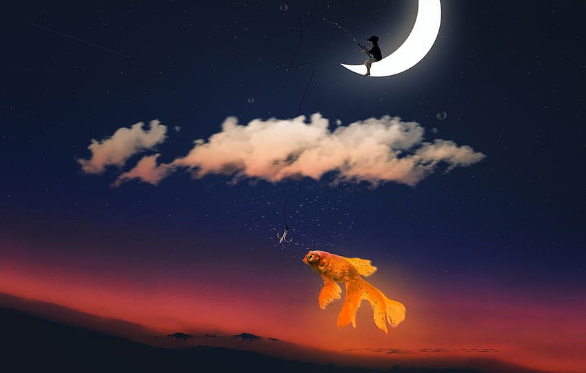 the sky, clouds, sunset, the moon, fishing, fish, stars, orange moonlight HD wallpaper