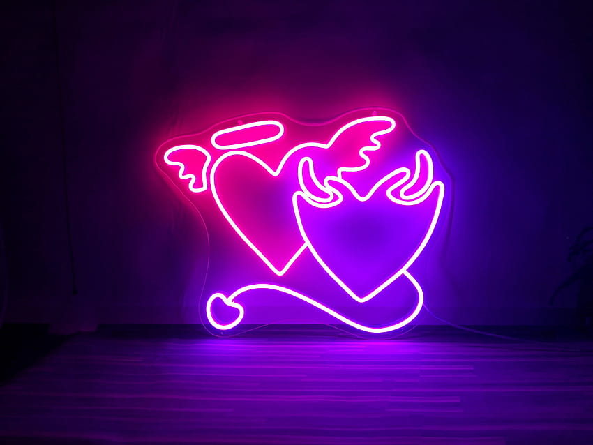 Angel and Demon in Love Heart Symbol Neon Sign Wedding Flex, angel heart and devil heart HD wallpaper