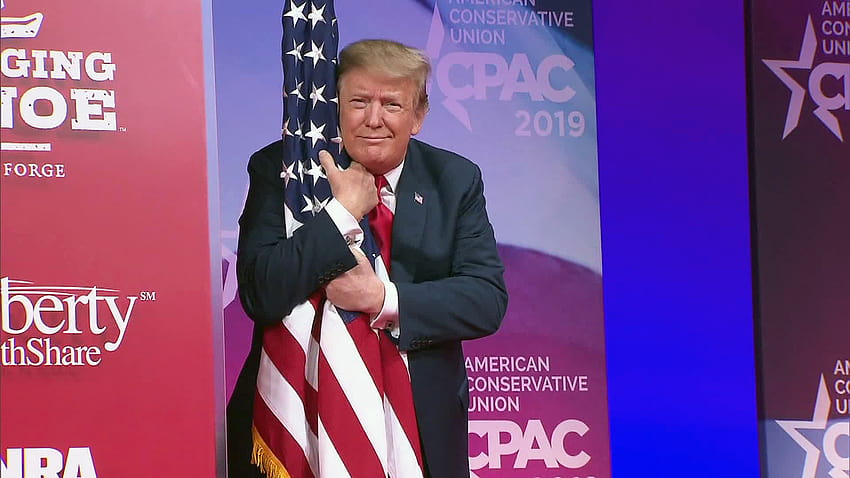 President Trump bear hugs Old Glory, donald trump flags HD wallpaper
