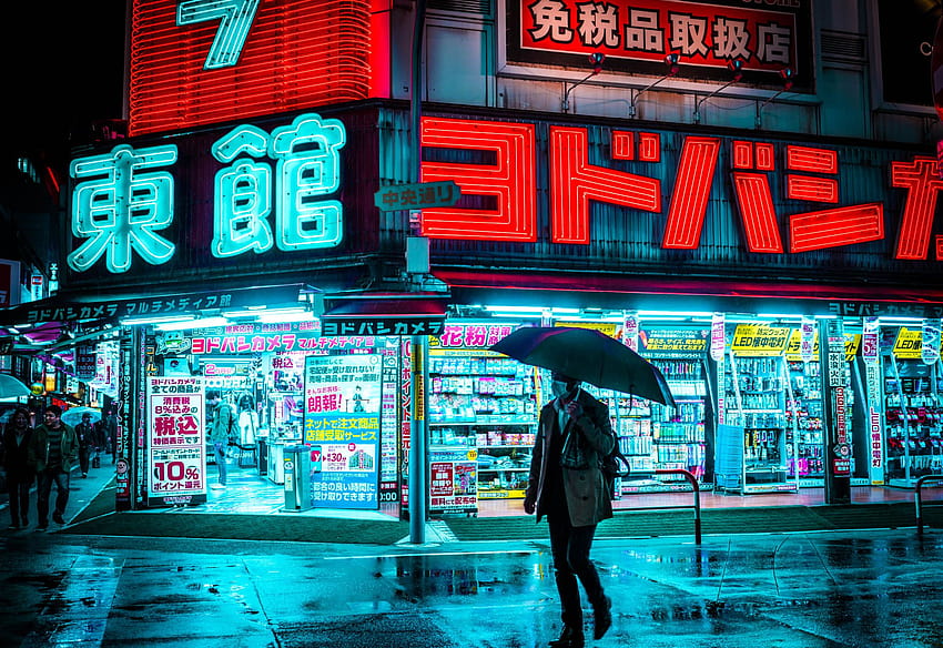 Tokyo Japan Rain Cyan Red Neon Glow Neon City Lights Wet Street Bright Umbrella Teemus, neon tokyo HD-Hintergrundbild