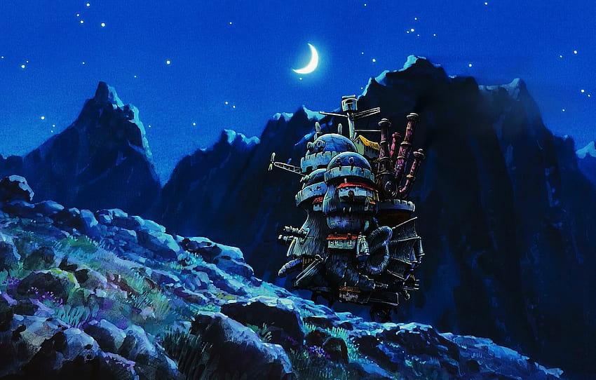 księżyc, kraj, anime, noc, sztuka, ziemia, góry, gwiazdy, kraj, zamek, Hayao Miyazaki, wieś, ruchomy zamek Howls, sekcja прочее Tapeta HD