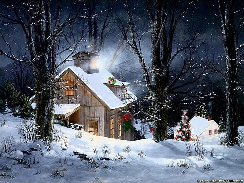4 Snowy Christmas Scenes, snowy christmas night art HD wallpaper