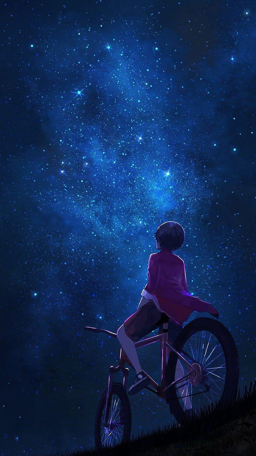 星降る夜、夜空を見るアンドロイドアニメ HD電話の壁紙