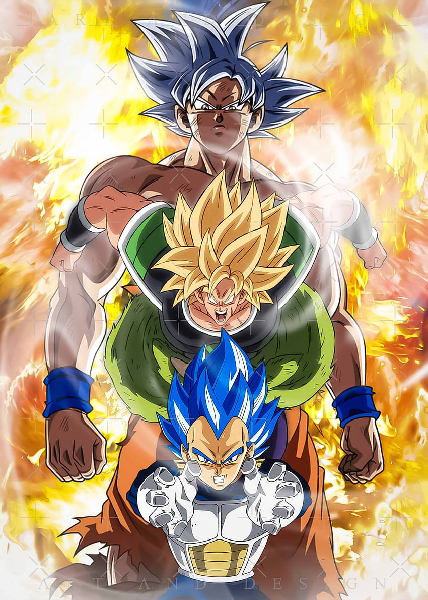 Grafik Goku super saiyan god vegeta dan broly Dragon Ball' Cetak oleh ArtandDesignI pada tahun 2021, dbz broly 2021 wallpaper ponsel HD