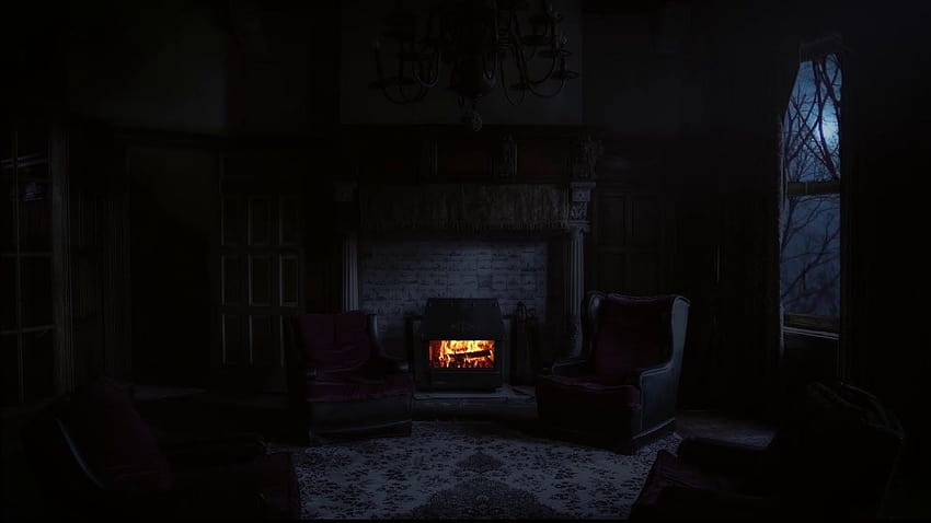 Chambre d'Halloween effrayante avec cheminée crépitante et sons nocturnes orageux, salons effrayants Fond d'écran HD