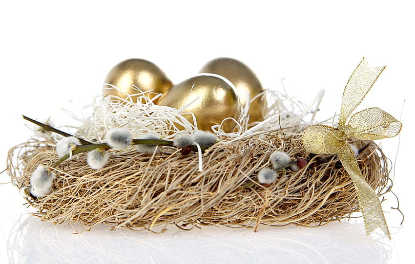 święto, Wielkanoc, gniazdko, kokarda, złote jajka, sekcja праздники, wielkanoc złota Tapeta HD
