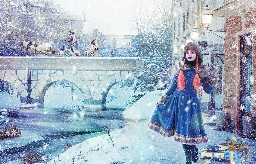 Vintage Winter Scene, blue vintage winter HD wallpaper