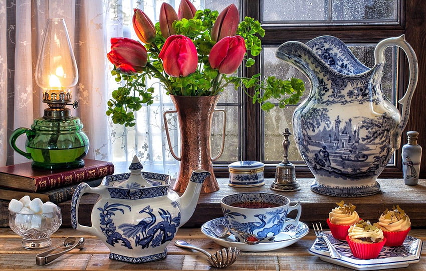 Flowers, Style, Tea, Books, Lamp, Window, tea winter and books HD wallpaper