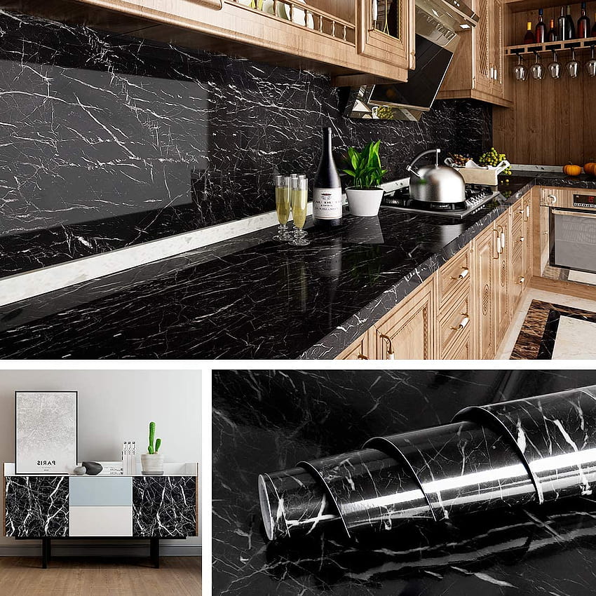 Livelynine Black Marble Wall Paper for Kitchen Counter Top Covers Peel and Stick Bathroom Granite Contact Paper for Countertops Desk Table Cover Old Furniture Sticker 15.8x78.8 Inch HD phone wallpaper
