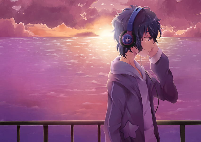Anime , Original, Boy, Headphones, Original, anime sky HD wallpaper