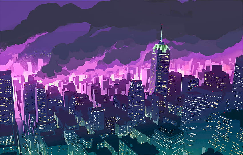 anime city purple HD wallpaper