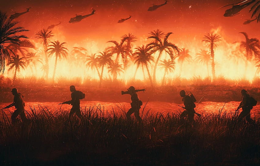 Fire, War, Helicopter, Palm trees, Soldiers, Army, vietnam war HD wallpaper