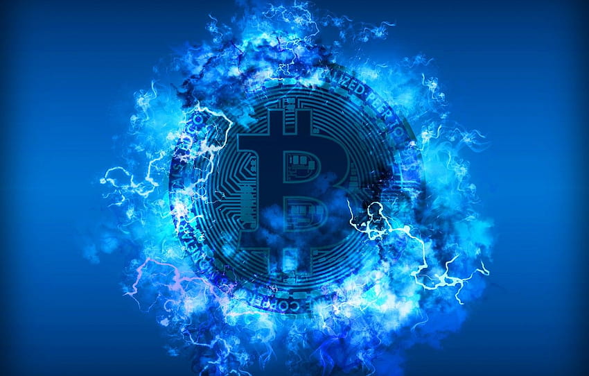 niebieski, błyskawica, niebieski, fon, moneta, bitcoin, bitcoin, btc , sekcja рендеринг, niebieskie oświetlenie Tapeta HD