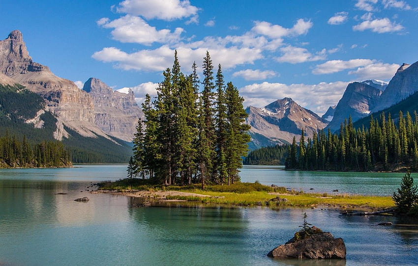 trees, mountains, lake, island, Canada, Albert, Maligne Lake, Jasper national Park , section пейзажи HD wallpaper