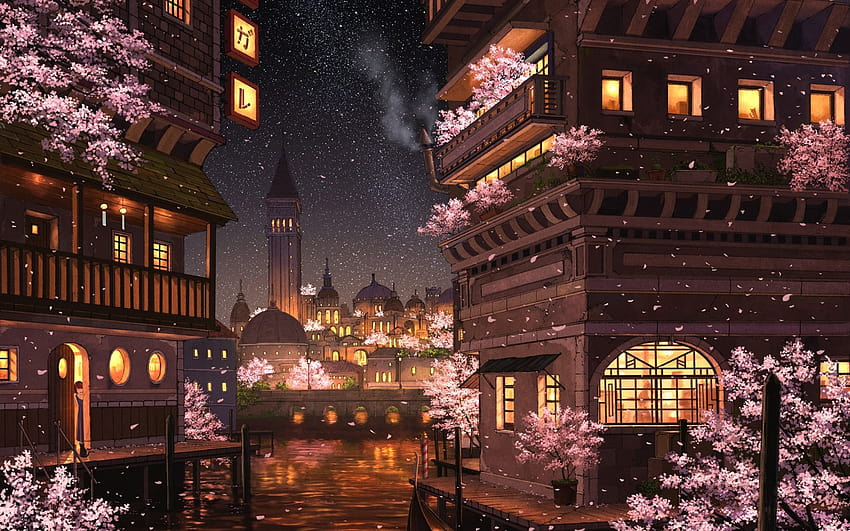 1440x900 Anime-Stadt, Sakura-Blüte, Nacht, Gebäude, Lichter, Sterne, Fluss für MacBook Pro 15 Zoll, MacBook Air 13 Zoll HD-Hintergrundbild