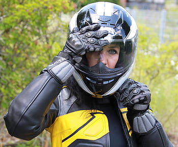 : grass, vehicle, gloves, leather, biker, closed, fullface, girl, woman ...