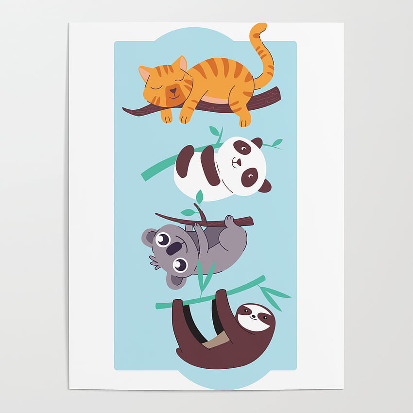 Cat, Panda, Koala, Sloth Hanging Branch Poster by Jacob Zelazny, sloth and koala HD phone wallpaper