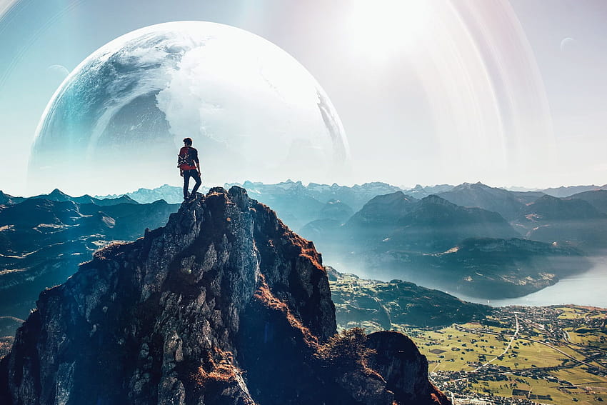 Man standing on top of mountain, landscape, planet, men, fantasy, man on top of mountain HD wallpaper