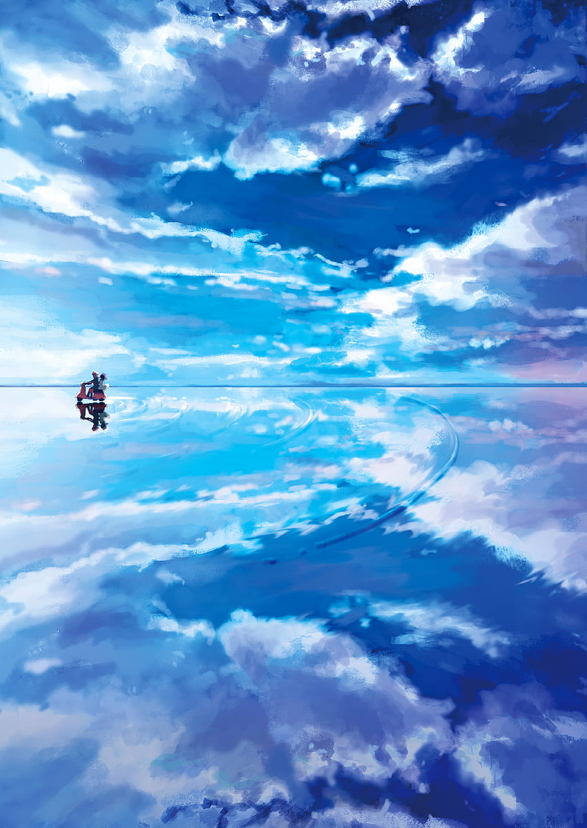 Anime Art, Blue Sky, Water, Reflection, Scooter, Boy Girl, sky water anime HD phone wallpaper