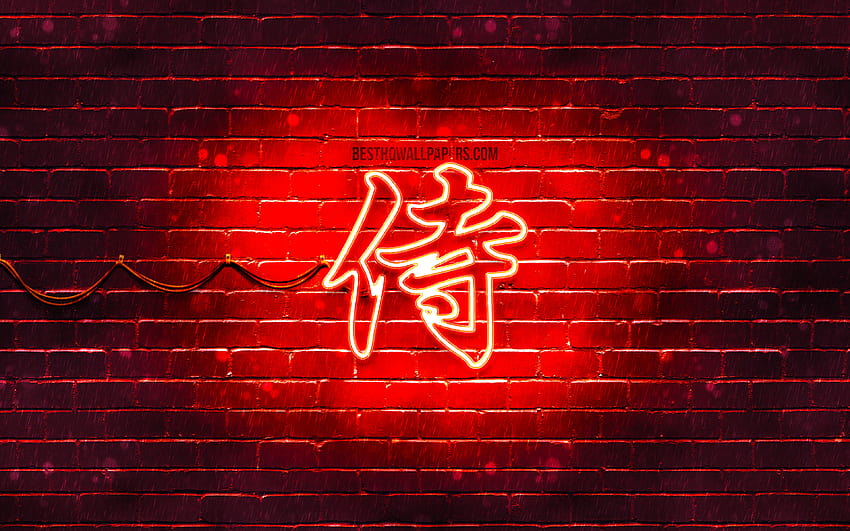 Samurai-Kanji-Hieroglyphe, japanische Neon-Hieroglyphen, Kanji, japanisches Symbol für Samurai, rote Ziegelwand, japanisches Samurai-Zeichen, rote Neonsymbole, japanisches Samurai-Symbol mit einer Auflösung von 3840 x 2400. Hohe Qualität, Samurai-Rot HD-Hintergrundbild