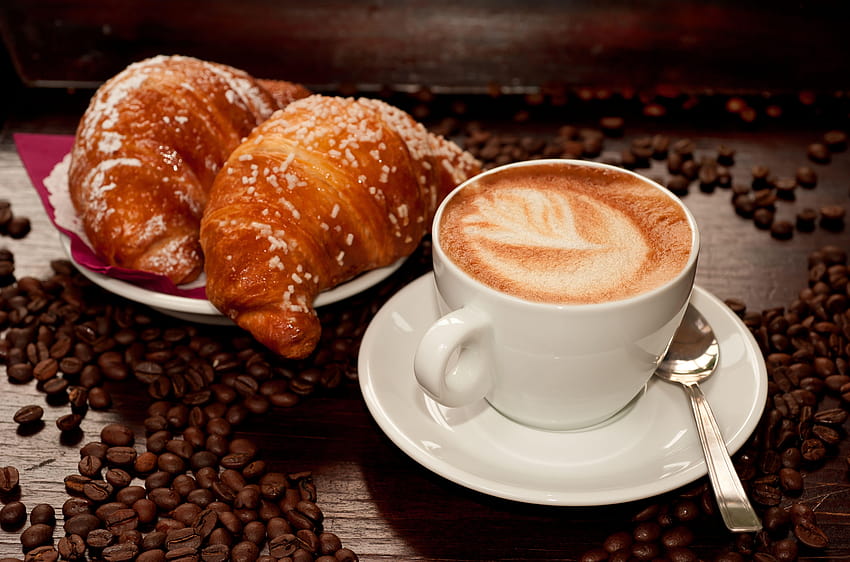 Coffee, Cappuccino, Croissant HD wallpaper