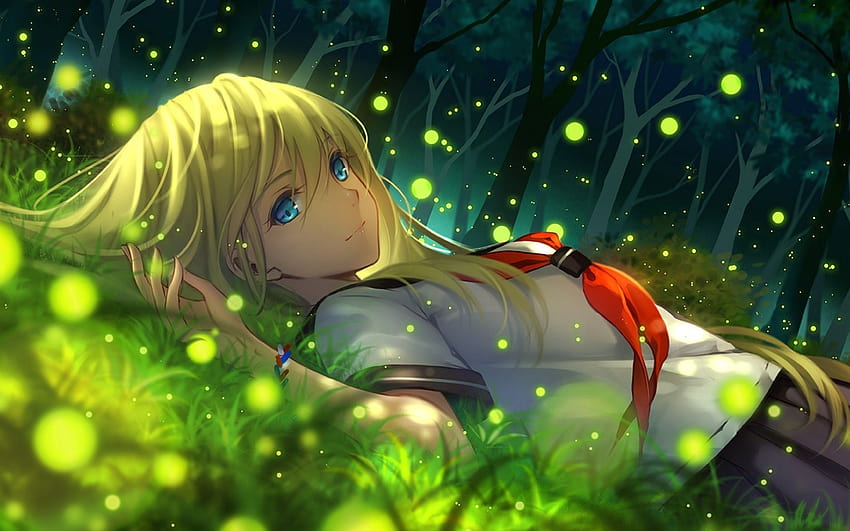 2880x1800 Anime Girl, Fireflies, School Uniform, Lying, anime the forest of  firefly lights HD wallpaper | Pxfuel