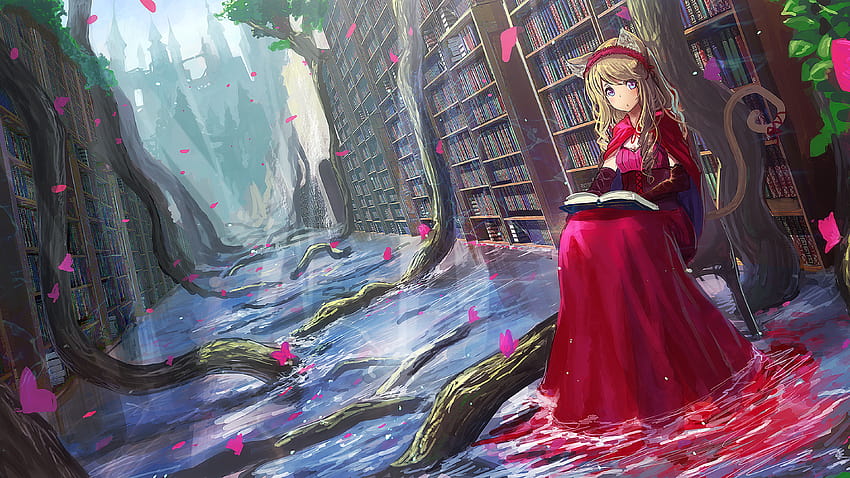 3840x2160 Chica anime, orejas de animales, vestido rojo, libro de lectura, biblioteca, paisaje para U TV, libro de lectura de chica anime fondo de pantalla