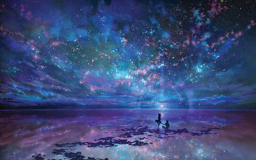 Night Stars Ocean & Couple HD wallpaper