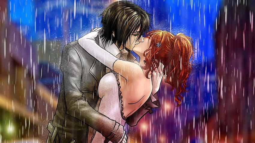 男の子、女の子、キス、雨、ハグ、アニメのキス 高画質の壁紙