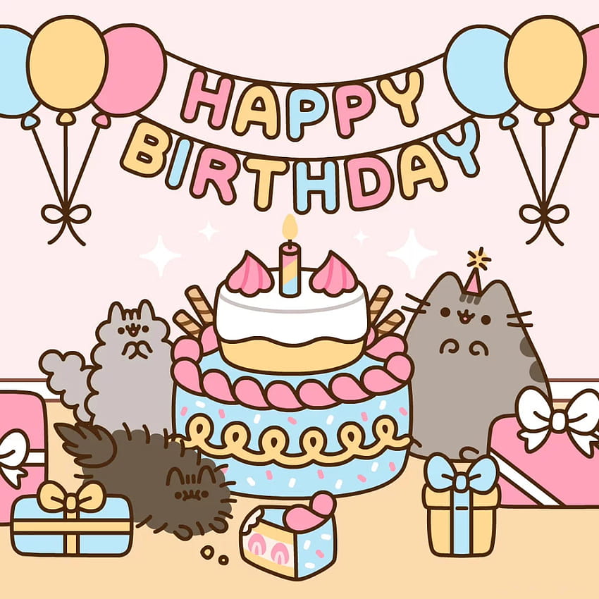 El cumpleaños de Pusheen, el cumpleaños del gato pusheen fondo de pantalla del teléfono