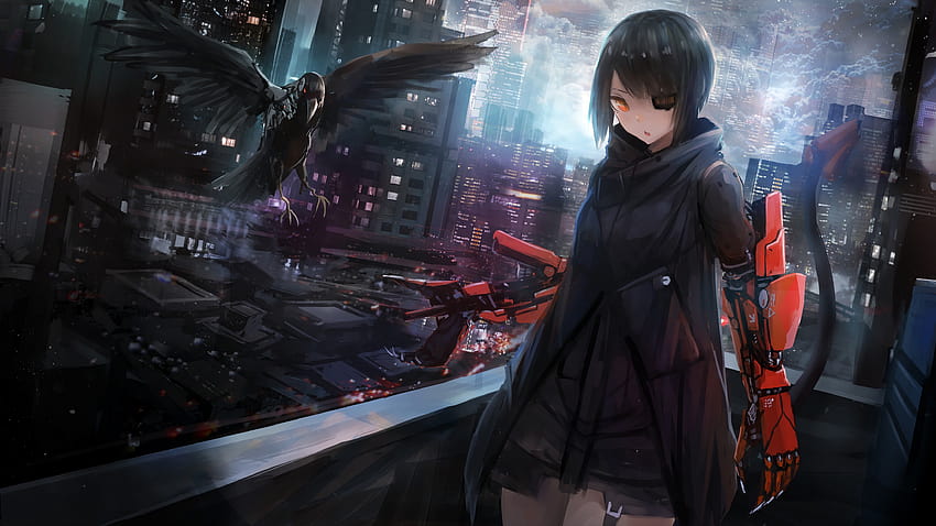 Anime Girl Crow Cyberpunk Sci, cyber anime HD wallpaper