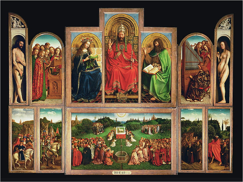 La espectroscopia de de modo dual standoff documenta el proceso de pintura del Cordero de Dios en el Retablo de Gante por J. y H. Van Eyck fondo de pantalla