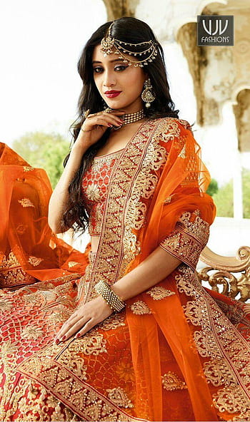 Buy Jazzy Satin Silk Red And Orange Resham Work Lehenga Choli | Bridal  Lehenga Choli