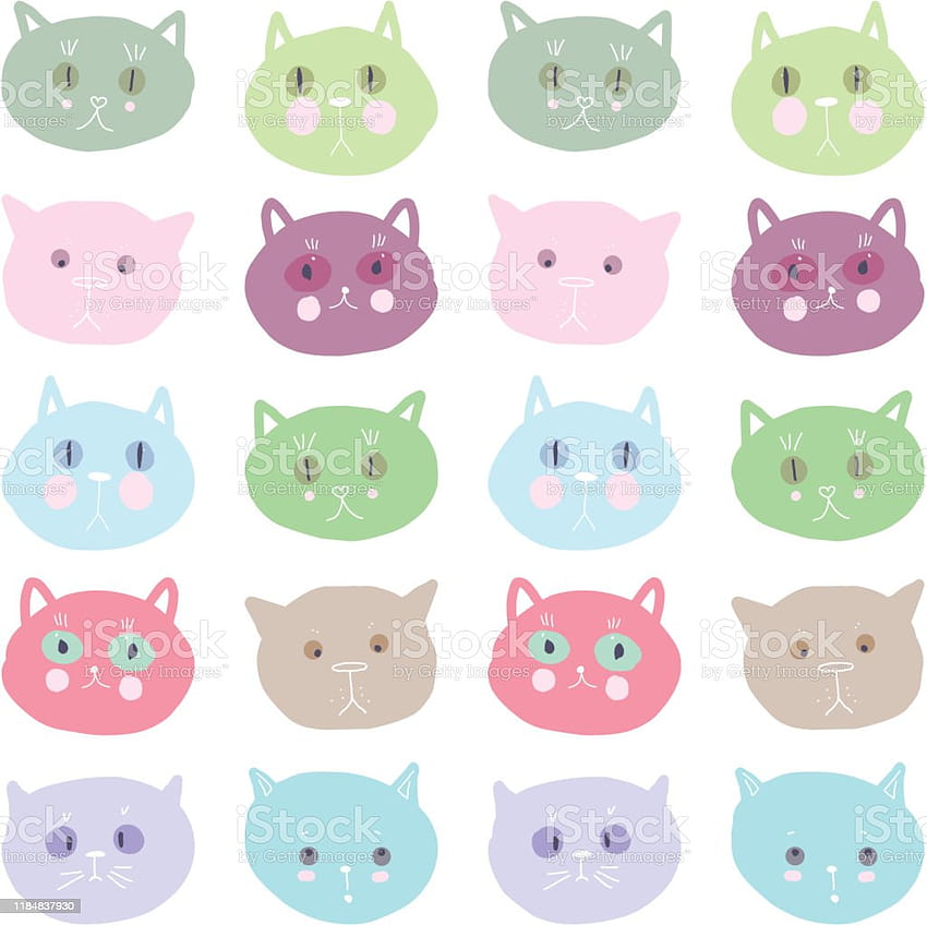 Rosto de gato engraçado sem costura padrão rosa lilás azul verde cinza cores pastéis isoladas em fundos brancos ornamento simples pode ser usado para tecidos de embrulho de presente ilustração vetorial, gato rosa verde e azul papel de parede HD
