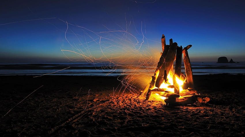 1920x1080 Camp Fire, Beach, Sparks, Night, Stars, Ocean HD wallpaper