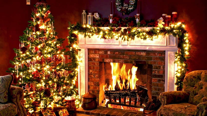 音楽付きのアニメーションクリスマス、部屋の暖炉の冬 高画質の壁紙