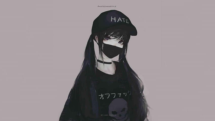 Personaje de anime femenino con ilustración de máscara bucal, cabello de chica anime negro fondo de pantalla