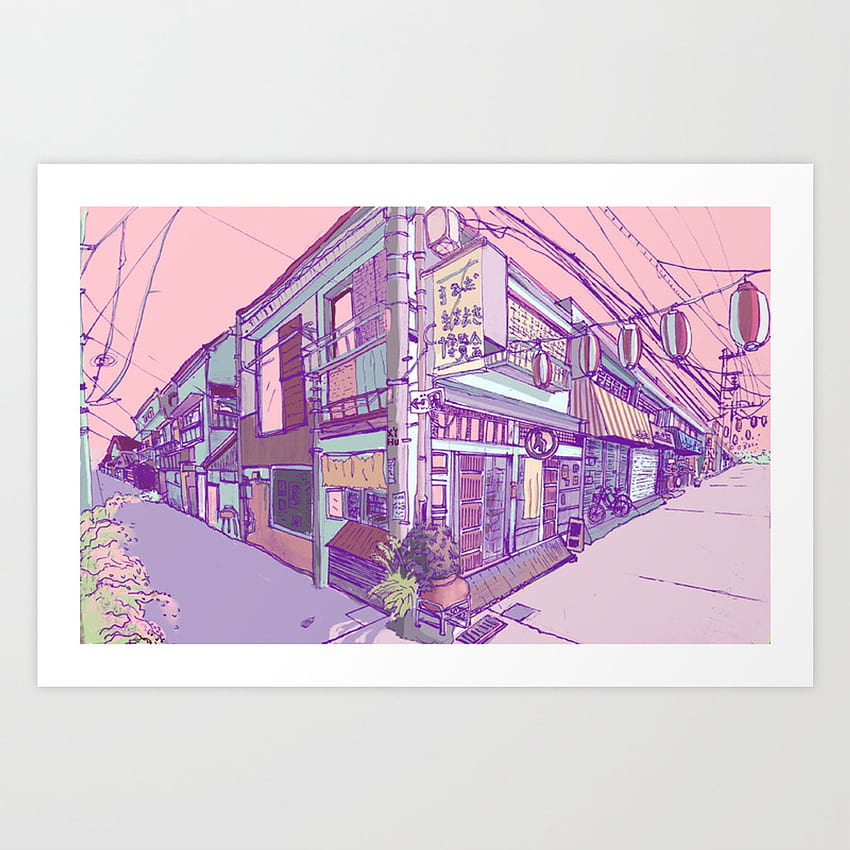 Japońskie domy Aesthetic Street Tokyo Japan Art Print autorstwa xiaoyihu, estetyka japońskich ulic Tapeta na telefon HD