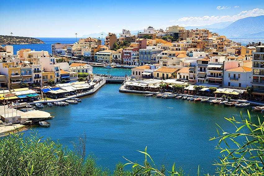 Grecia Agios Nikolaos Creta Costa Imbarcazioni Porti turistici Motoscafo Sfondo HD