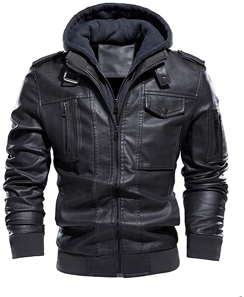 Men's Faux Leather Motorcycle Jacket with Hood Waterproof Chicago Mall ...