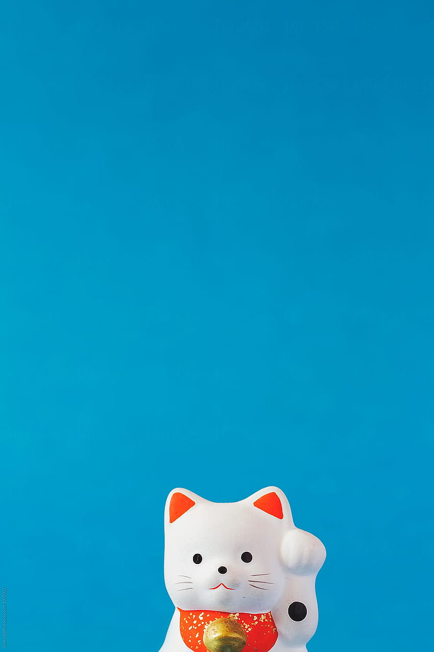 Kucing Memanggil Jepang disebut reproduksi Maneki neko dengan latar belakang biru oleh Laura Stolfi wallpaper ponsel HD