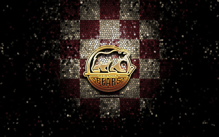 Hershey Bears, 반짝이는 로고, AHL, 보라색 회색 체크 무늬 배경, USA, 미국 하키 팀, Hershey Bears 로고, 모자이크 아트, 하키, 미국(해상도 2880x1800). 고품질 HD 월페이퍼