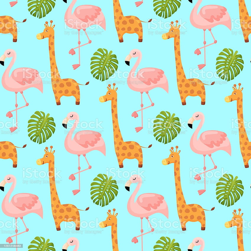 Фламинго и жираф Сладък безшевен модел Животни Летни фонове Карикатура Векторна илюстрация Стокова илюстрация, векторно лято HD тапет за телефон