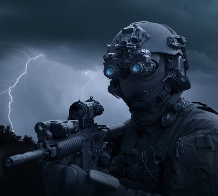 야간 투시경과 HK416 돌격소총 포스터 프린트, 특수부대 야간 투시경을 장착한 특수부대 병사 HD 월페이퍼