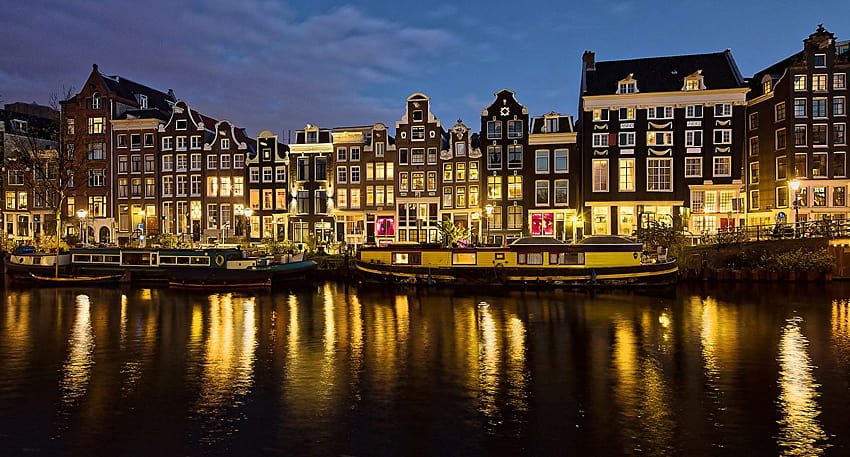 อัมสเตอร์ดัมเนเธอร์แลนด์ Canal Night Marinas Street คืนอัมสเตอร์ดัม วอลล์เปเปอร์ HD